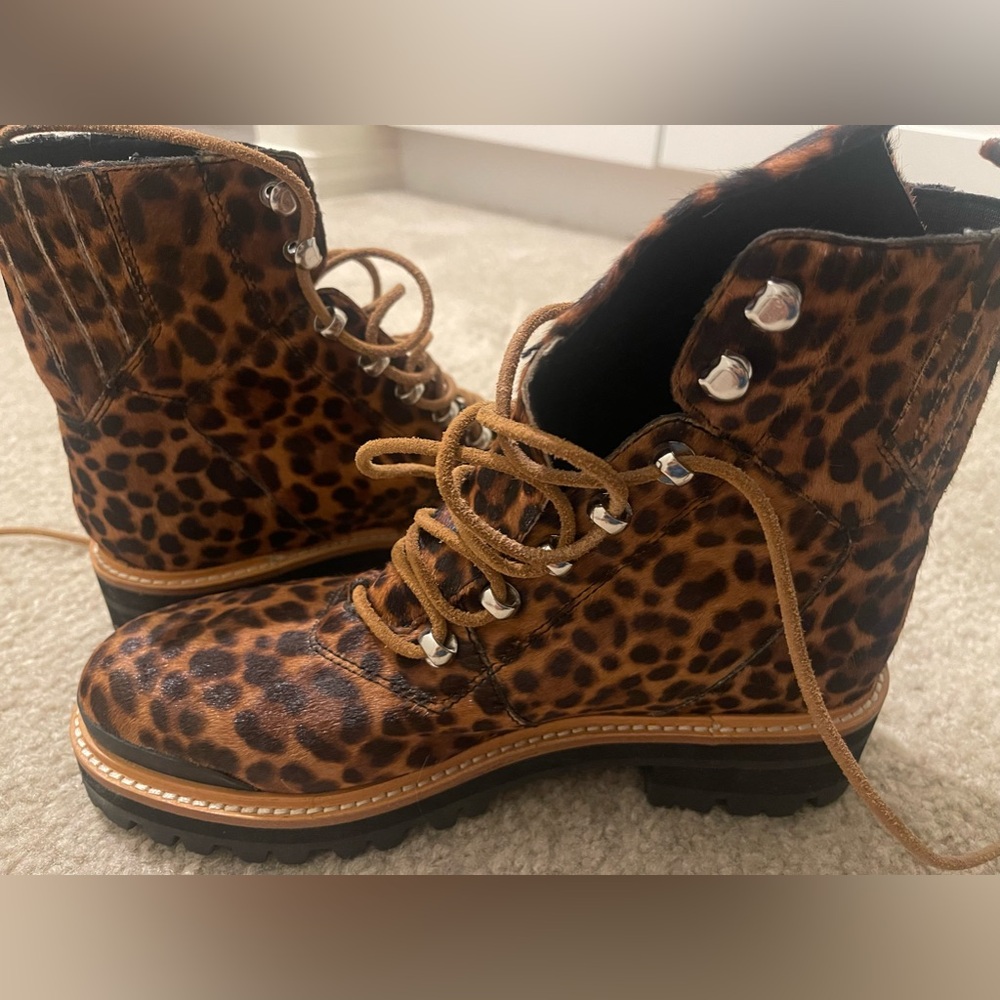 Marc Fisher Women's Izzie Leopard Print Calf Hair Lug Sole Ankle Boot
